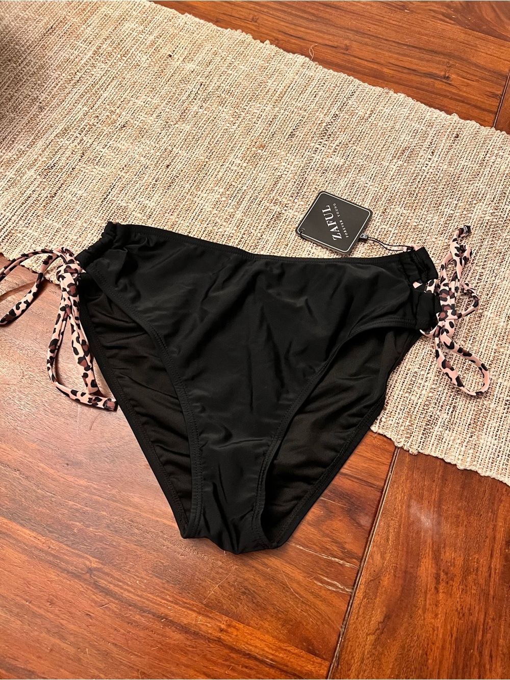 Zaful Black Bikini Bottom with Leopard Print Tie-Sides